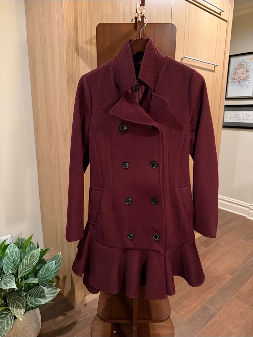 BCBGMaxAzria Deep Burgundy Double-Breasted Peacoat